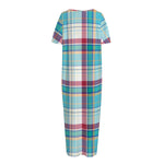 Blue And Red Madras Pattern Print Short Sleeve Long Nightdress