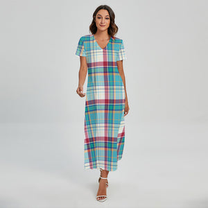 Blue And Red Madras Pattern Print Short Sleeve Maxi Dress