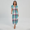 Blue And Red Madras Pattern Print Short Sleeve Maxi Dress