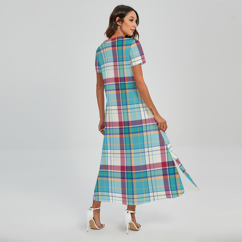 Blue And Red Madras Pattern Print Short Sleeve Maxi Dress