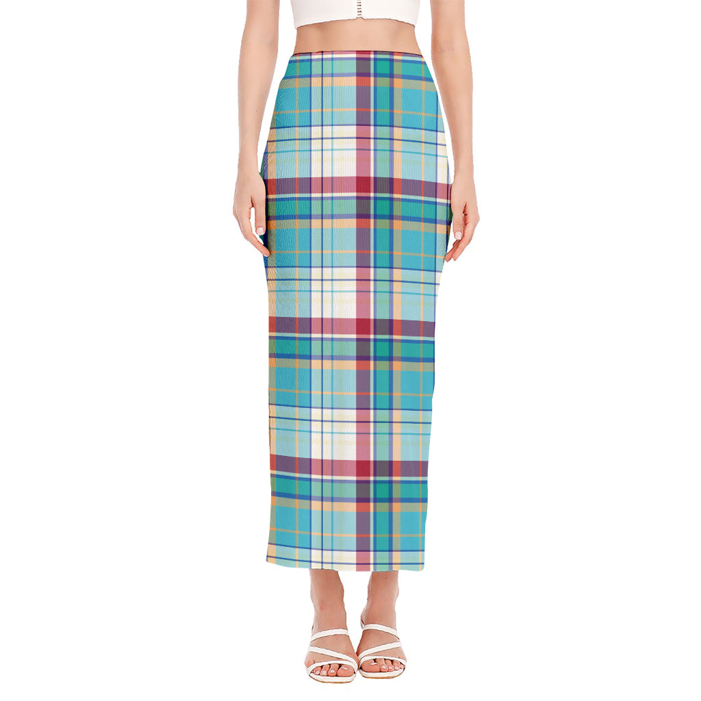 Blue And Red Madras Pattern Print Side Slit Maxi Skirt