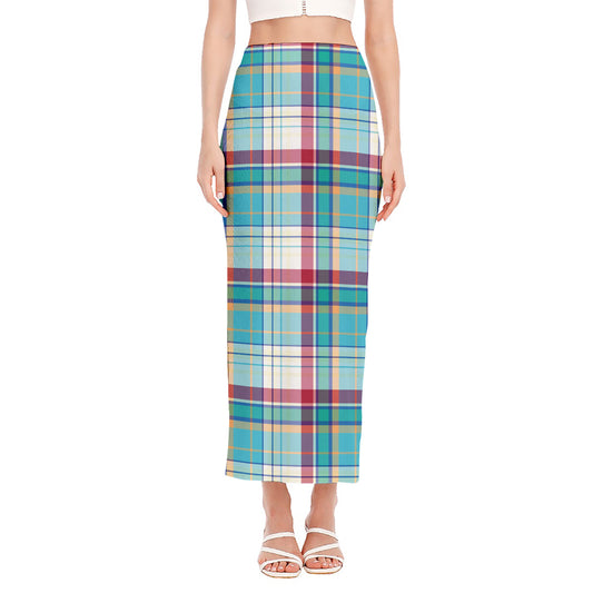 Blue And Red Madras Pattern Print Side Slit Maxi Skirt