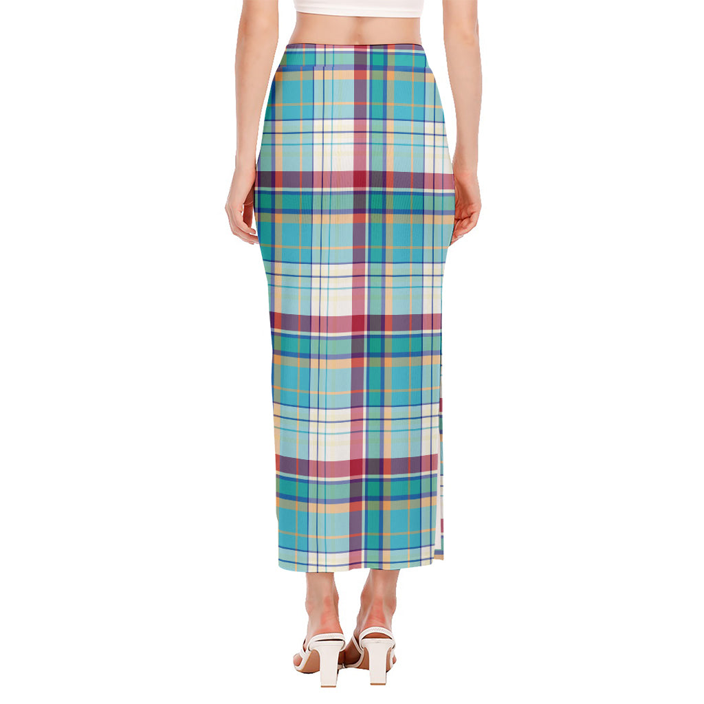 Blue And Red Madras Pattern Print Side Slit Maxi Skirt