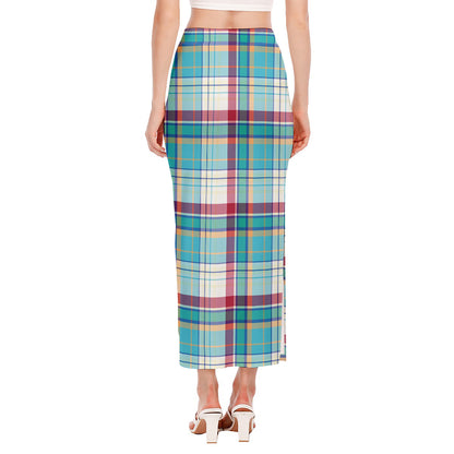 Blue And Red Madras Pattern Print Side Slit Maxi Skirt