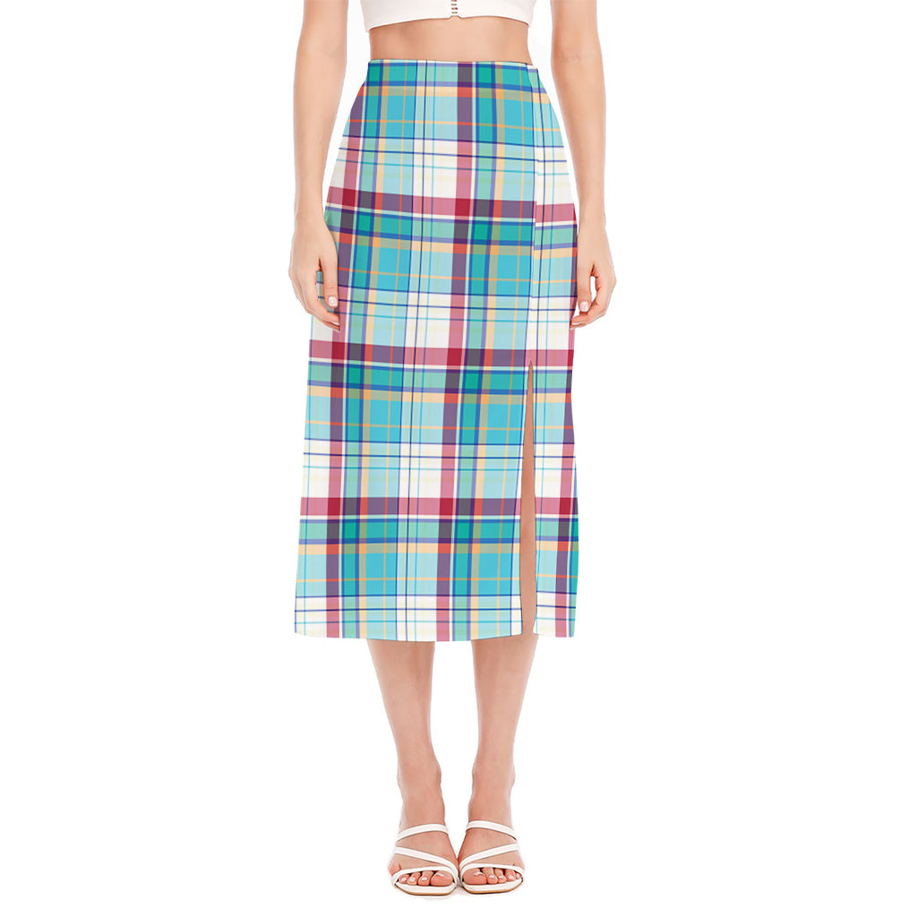 Blue And Red Madras Pattern Print Side Slit Midi Skirt