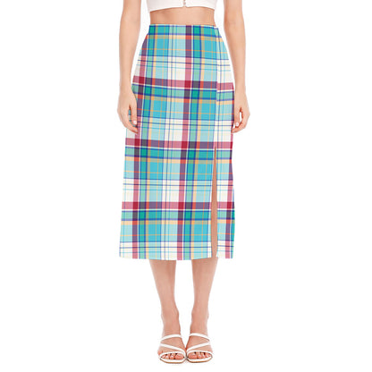 Blue And Red Madras Pattern Print Side Slit Midi Skirt