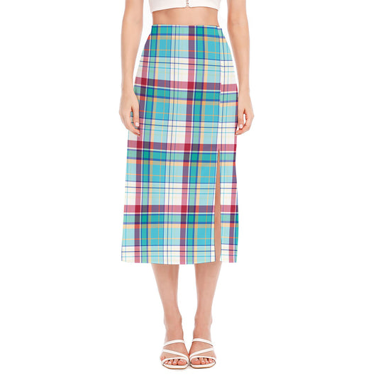 Blue And Red Madras Pattern Print Side Slit Midi Skirt