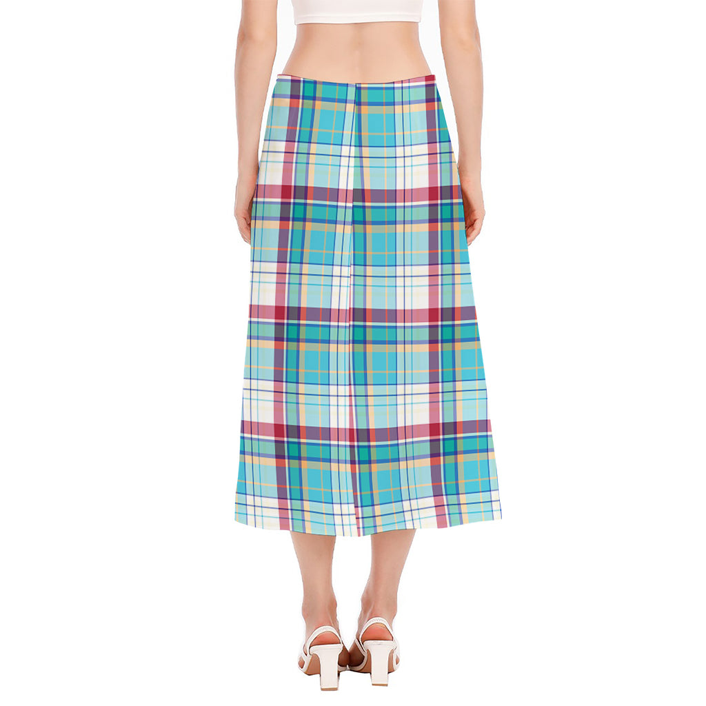 Blue And Red Madras Pattern Print Side Slit Midi Skirt