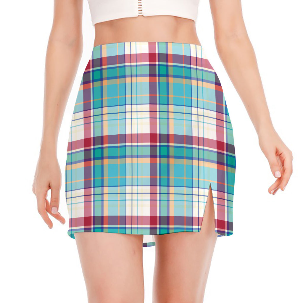 Blue And Red Madras Pattern Print Side Slit Mini Skirt