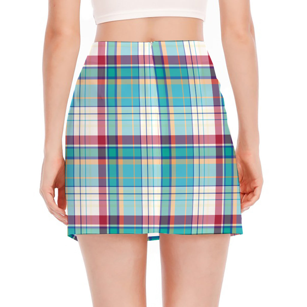 Blue And Red Madras Pattern Print Side Slit Mini Skirt