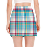 Blue And Red Madras Pattern Print Side Slit Mini Skirt