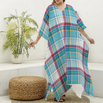 Blue And Red Madras Pattern Print Silk V-Neck Kaftan Dress