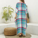 Blue And Red Madras Pattern Print Silk V-Neck Kaftan Dress