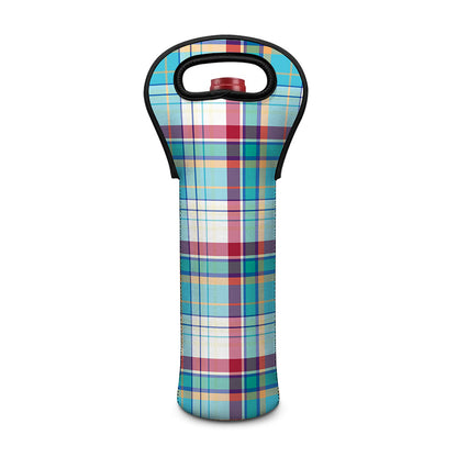 Blue And Red Madras Pattern Print Single Neoprene Wine Tote