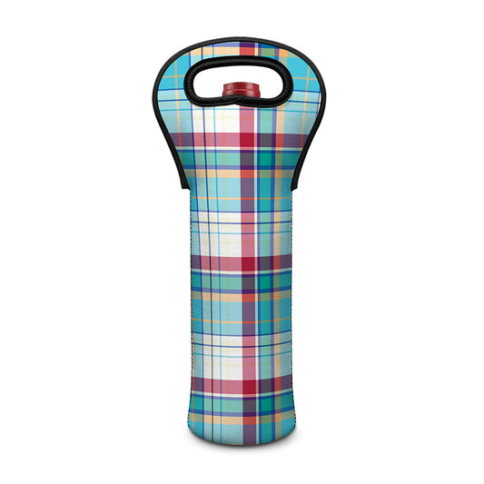 Blue And Red Madras Pattern Print Single Neoprene Wine Tote