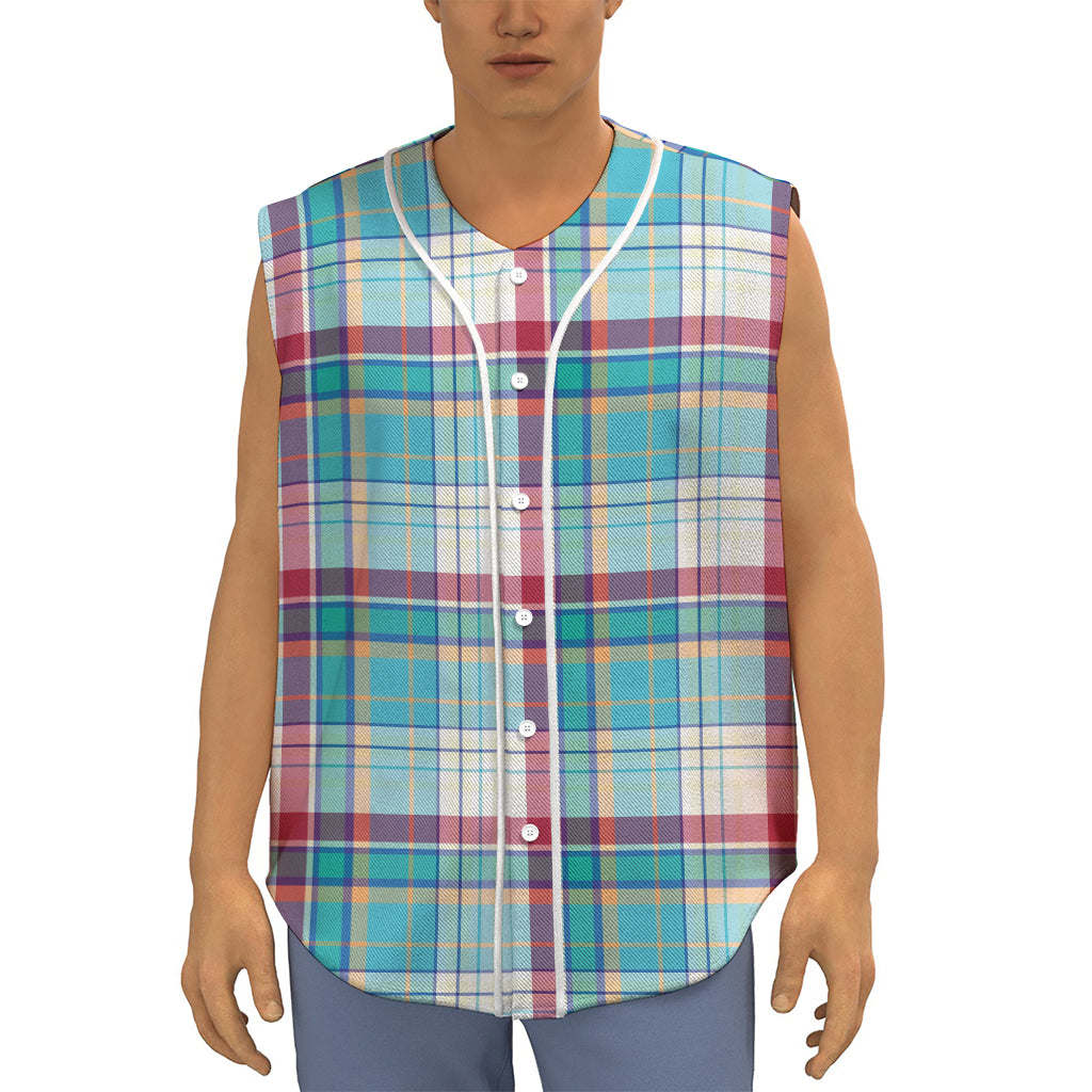 Blue And Red Madras Pattern Print Sleeveless Baseball Jersey