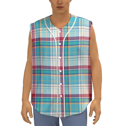 Blue And Red Madras Pattern Print Sleeveless Baseball Jersey