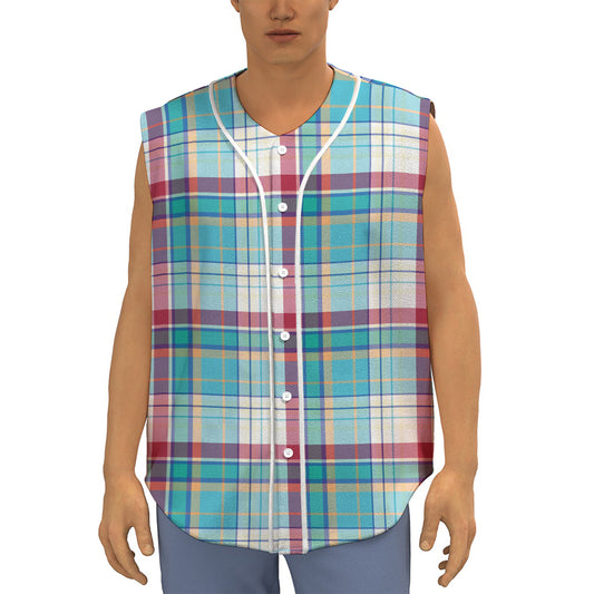 Blue And Red Madras Pattern Print Sleeveless Baseball Jersey