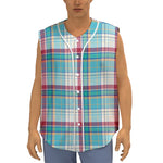 Blue And Red Madras Pattern Print Sleeveless Baseball Jersey