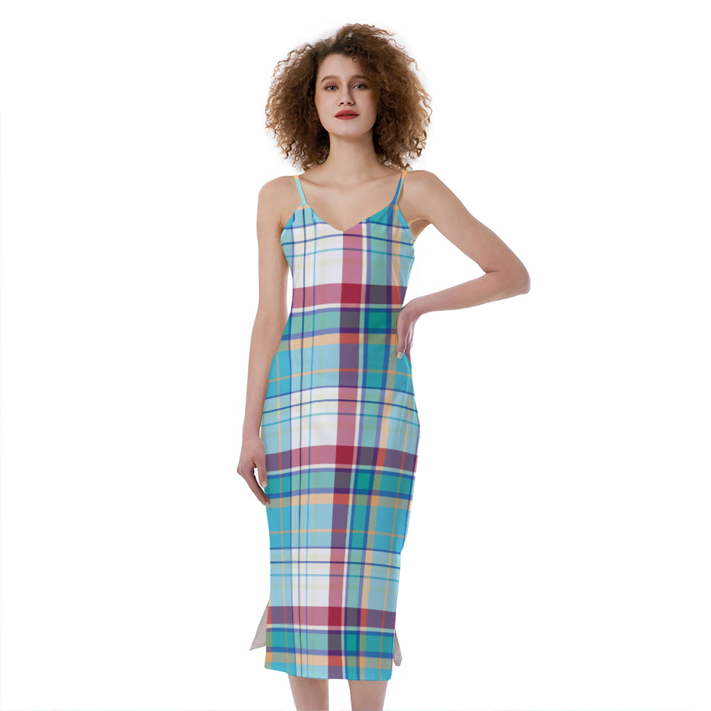Blue And Red Madras Pattern Print Slim Fit Midi Cami Dress