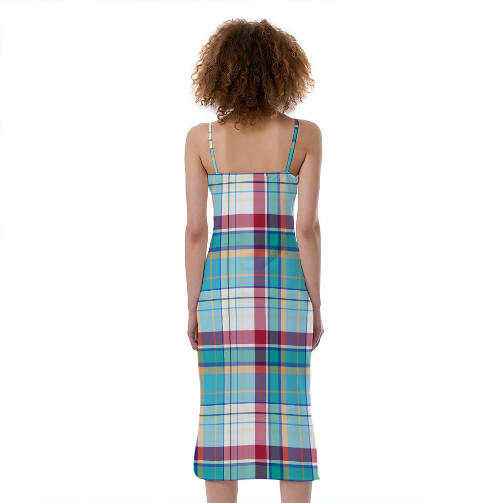 Blue And Red Madras Pattern Print Slim Fit Midi Cami Dress