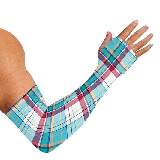 Blue And Red Madras Pattern Print Sun Protection Arm Sleeves