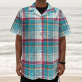Blue And Red Madras Pattern Print Textured Short Sleeve Shirt