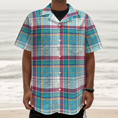 Blue And Red Madras Pattern Print Textured Short Sleeve Shirt