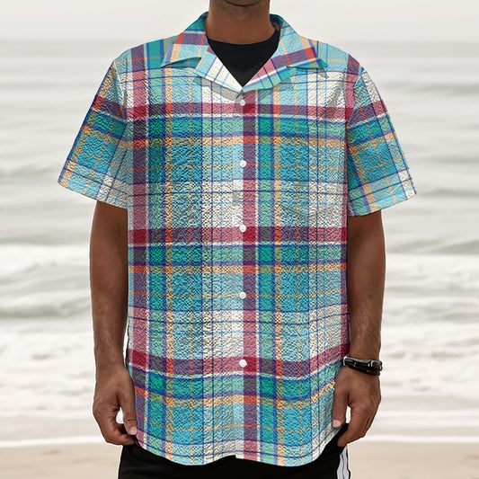 Blue And Red Madras Pattern Print Textured Short Sleeve Shirt