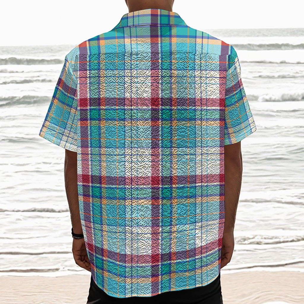 Blue And Red Madras Pattern Print Textured Short Sleeve Shirt