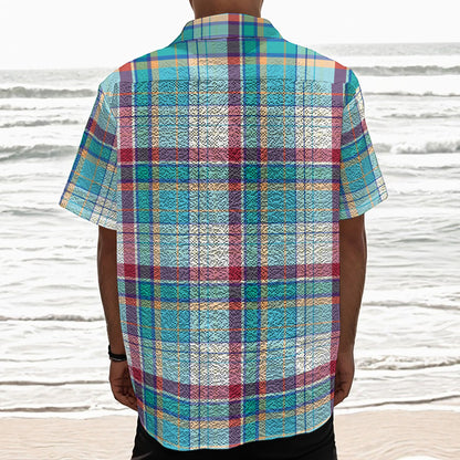 Blue And Red Madras Pattern Print Textured Short Sleeve Shirt
