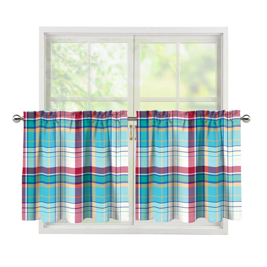 Blue And Red Madras Pattern Print Tier Curtains