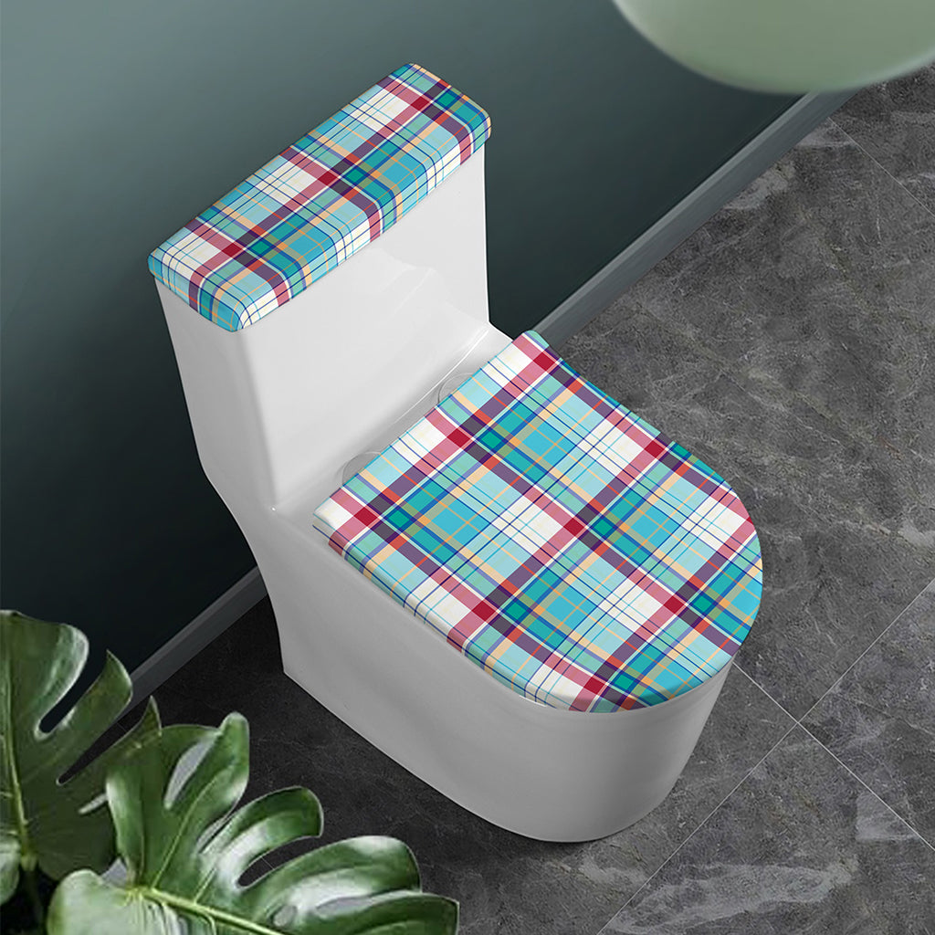 Blue And Red Madras Pattern Print Toilet Lid And Tank Cover Set