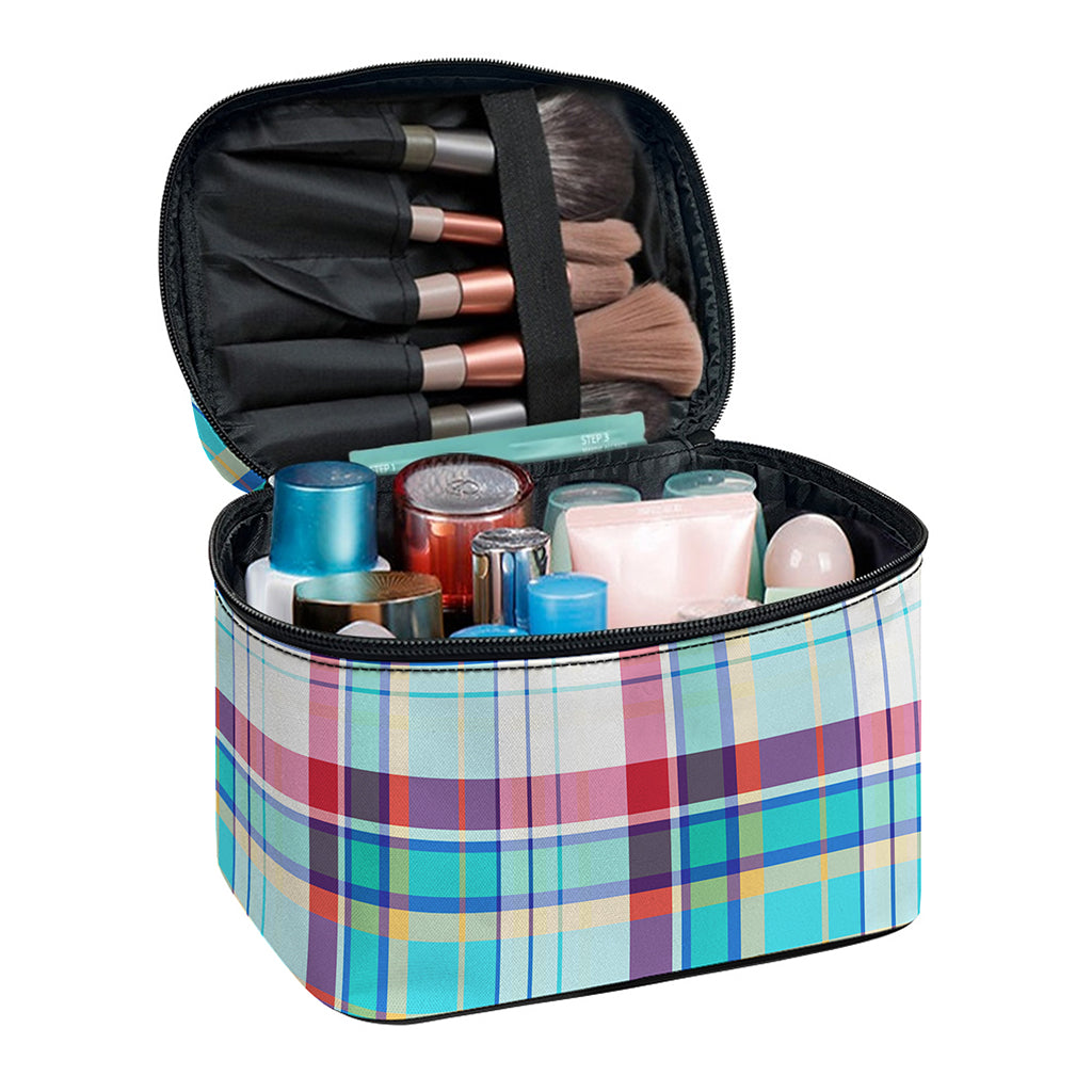 Blue And Red Madras Pattern Print Travel Makeup Bag