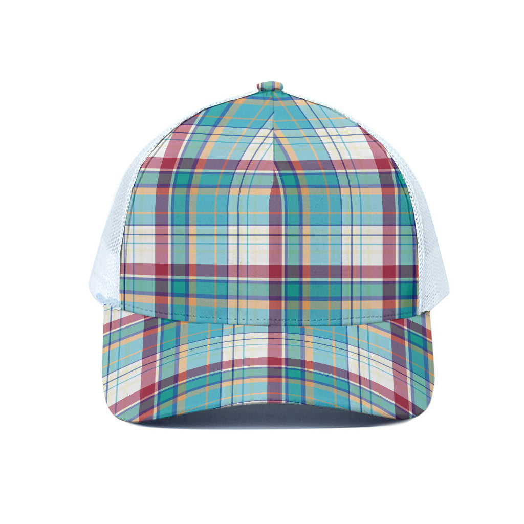 Blue And Red Madras Pattern Print White Mesh Trucker Cap