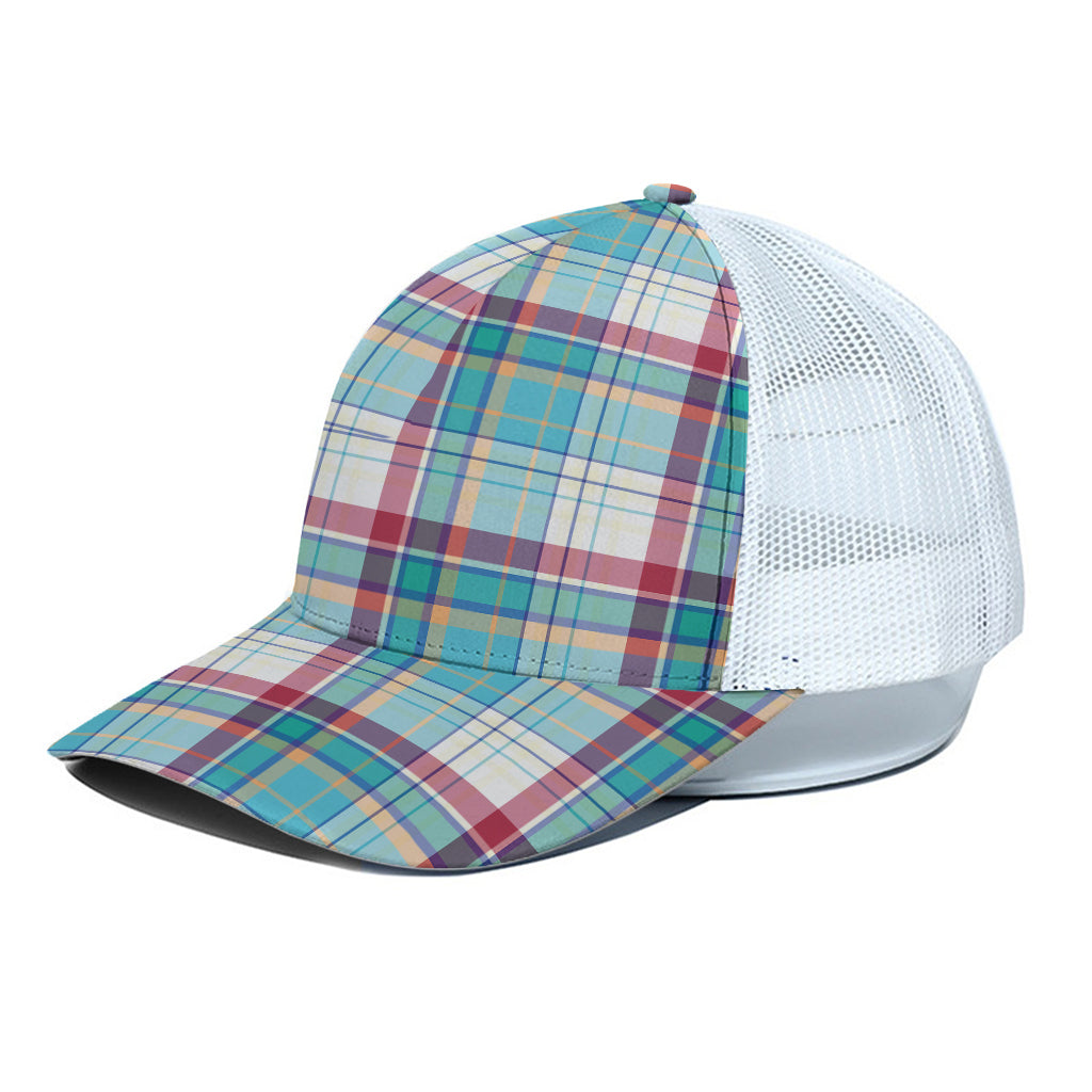 Blue And Red Madras Pattern Print White Mesh Trucker Cap