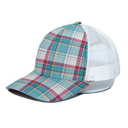 Blue And Red Madras Pattern Print White Mesh Trucker Cap