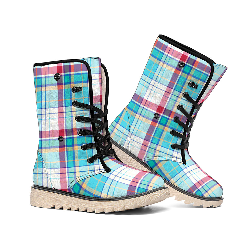 Blue And Red Madras Pattern Print Winter Boots