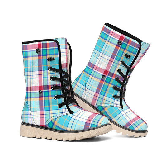 Blue And Red Madras Pattern Print Winter Boots