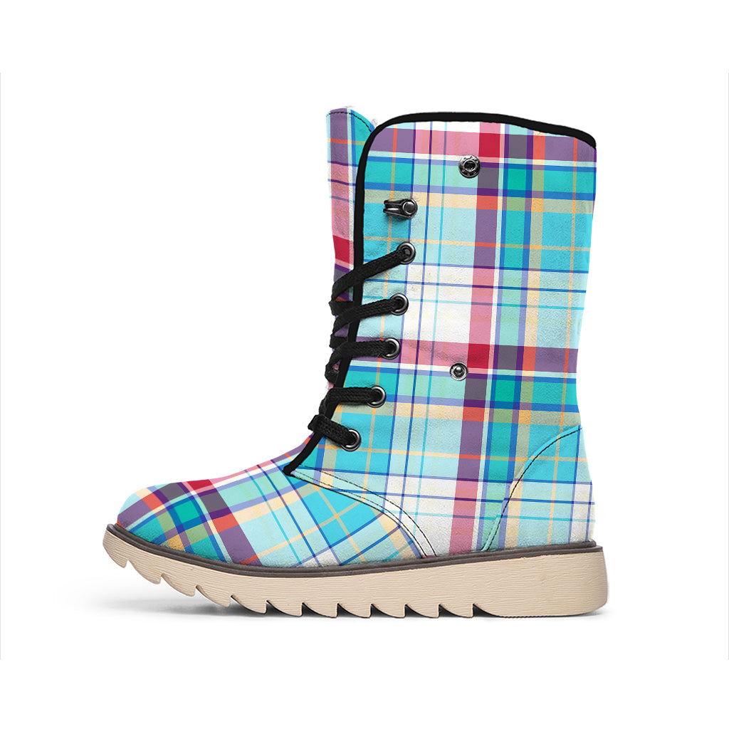 Blue And Red Madras Pattern Print Winter Boots