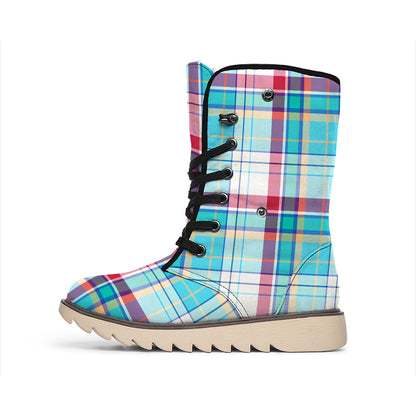 Blue And Red Madras Pattern Print Winter Boots