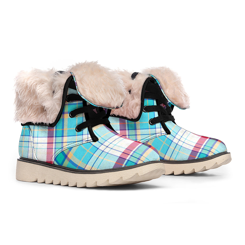 Blue And Red Madras Pattern Print Winter Boots