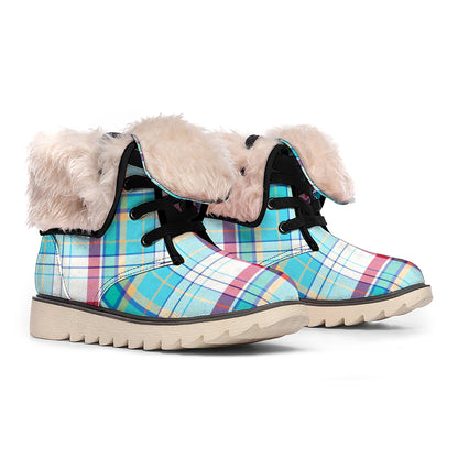 Blue And Red Madras Pattern Print Winter Boots