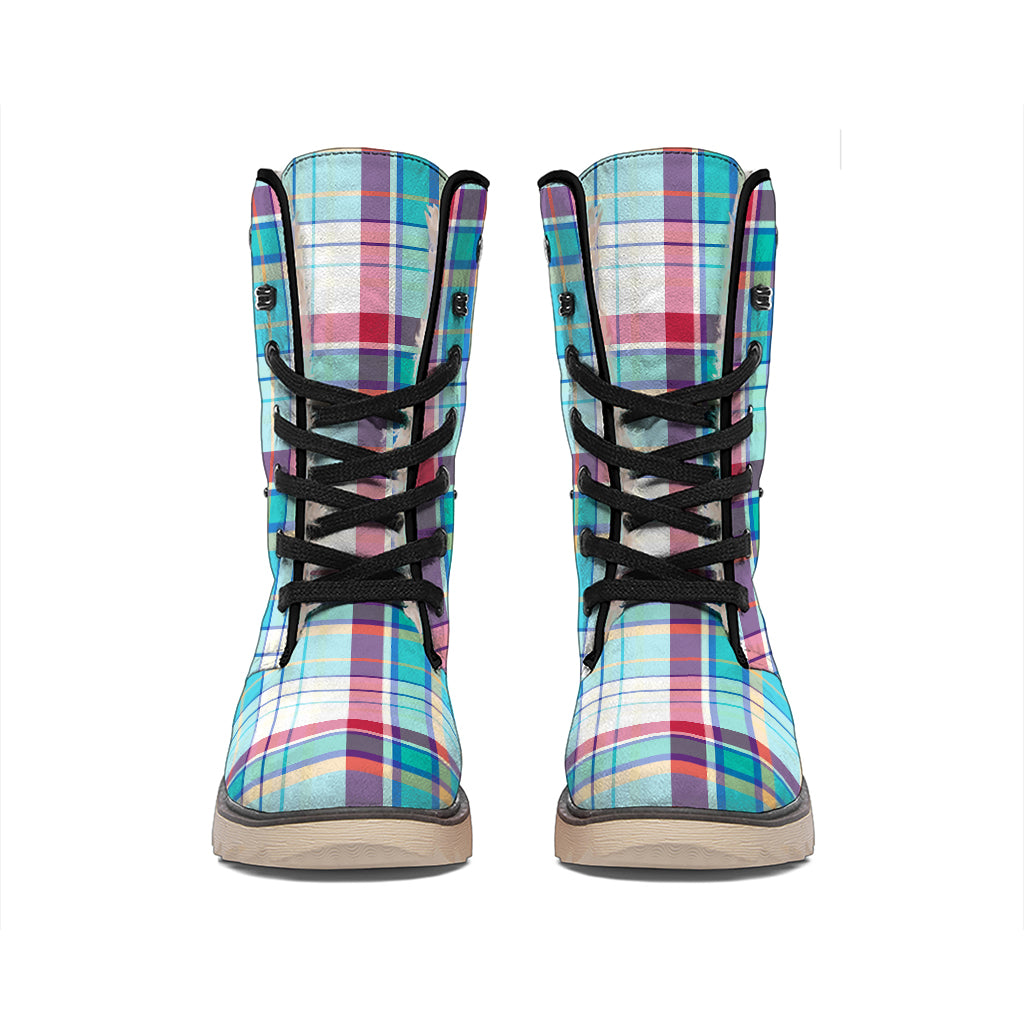 Blue And Red Madras Pattern Print Winter Boots