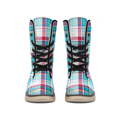 Blue And Red Madras Pattern Print Winter Boots