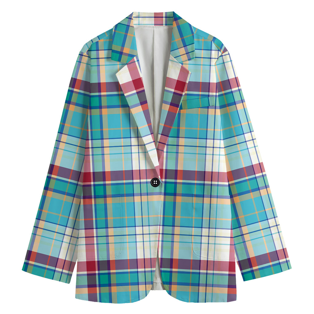 Blue And Red Madras Pattern Print Women's Blazer