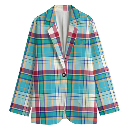 Blue And Red Madras Pattern Print Women's Blazer