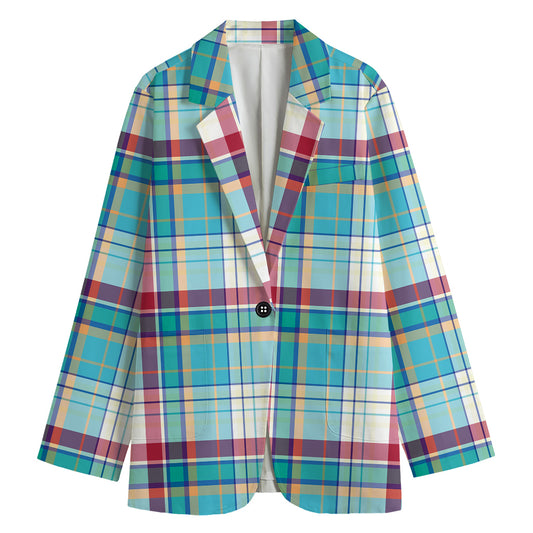 Blue And Red Madras Pattern Print Women's Blazer