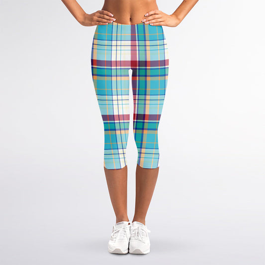 Blue And Red Madras Pattern Print Women's Capri Leggings