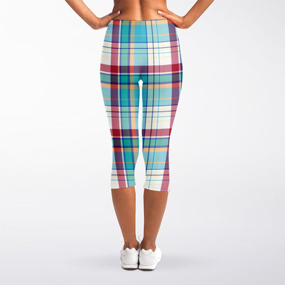 Blue And Red Madras Pattern Print Women's Capri Leggings